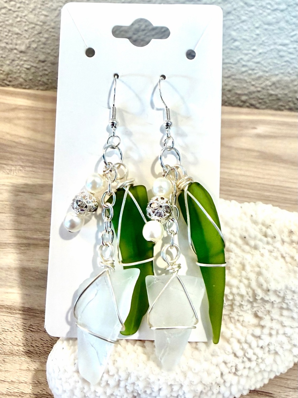 37. Green and White Sea Glass Dangle Earrings - Handwrapped Wire Design